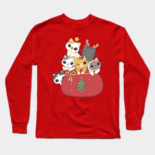 cute funny cats christmas in santa bag cartoon character Long Sleeve T-Shirt